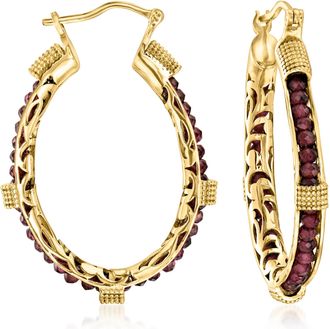 Ross-Simons Garnet Bead Hoop Earrings in 18kt Gold Over Sterling
