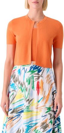 Akris Short Sleeve Virgin Merino Wool Crop Cardigan in Orange at Nordstrom, Size 16