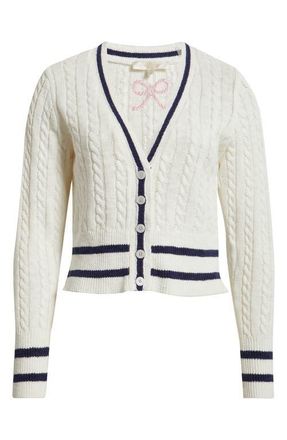 LoveShackFancy Evabella Crop Cotton & Linen Cable Cardigan in Seaspray Ivory at Nordstrom, Size X-Large