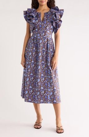 Sugarlips Bruceton Floral Print Long Sleeve Minidress in Brown-Blue at Nordstrom, Size X-Small