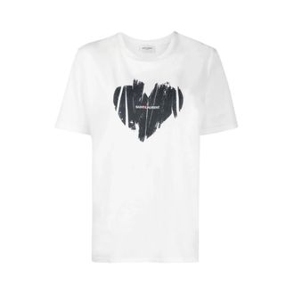 Saint Laurent Camiseta con Estampado de Logo de Coraz&oacute;n - Tops - Mujer - Blanco - M