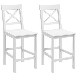 HOMCOM Homcom Juego De 2 Taburetes Altos De Cocina, Taburetes De Bar De Madera Con Reposapi&eacute;s Y Respaldo Cruzado, Carga 120 Kg, Para Mostrador, Blanco