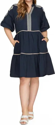 She + Sky Bissete Embroidered Tiered Midi Dress - Plus In Navy Ivory