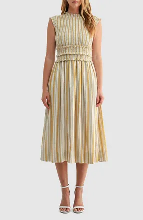 Mila Mae Smocked Tie Back Sleeveless Midi Dress in Mustard Stripe at Nordstrom, Size X-Large
