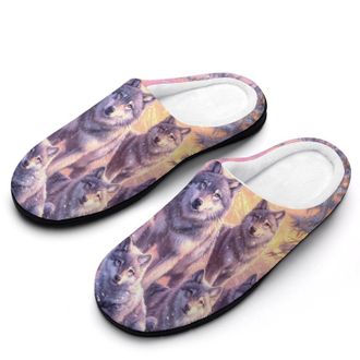 Generic Wolf Snow Mountains Sunset Mens Slippers Slip On Comfortable Fleece Cotton House Shoes Winter