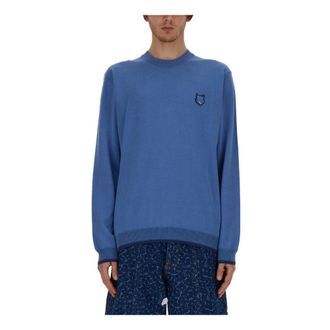 Maison Kitsun&eacute; Round-neck Knitwear, male, Blue, Size: L Bold Fox Head Patch Regular Jumper