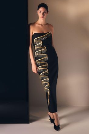 Karen Millen Womens Embellished Fringe Bandeau Figure Form Maxi Dress - Black - Size X-Small