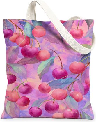 Generic Cherries Blossom Canvas Tote Bags, Floral Fruit Pattern Reusable Grocery Bags, Spring Vintage Lightweight Washable Shoulder, Peach, 13x15 Inch