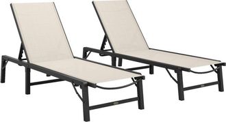 OUTSUNNY Folding Sun Lounger Set of 2, 5-Position Reclining Sun Bed, Khaki