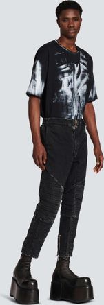 Balmain Acid Wash Denim with Knee Pads Jeans - Black