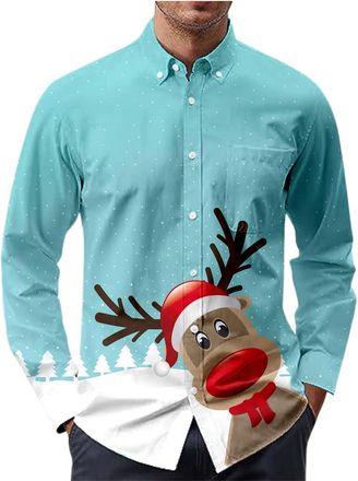 Generic Christmas Shirt for Men Funny Christmas Shirt Mens Long Sleeve Fashion Christmas Casual Shirt Turn-Down Collar with Reindeer Print Christmas Shirts Re
