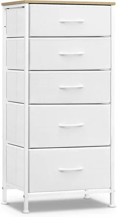 Woltu Woltu Cassettiera 5 Cassetti In Tessuto, Bianco Nuvola + Beige Rovere