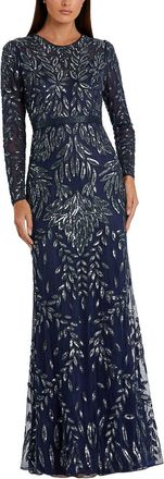 Mac Duggal Long Sleeve Beaded Mesh High Neck A-Line Gown