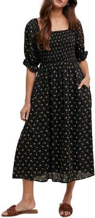 Wishlist Floral Print Puff Sleeve Midi Dress in Black/Mauve at Nordstrom Rack, Size Medium