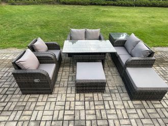 Fimous Outdoor Rattan Garden Furniture 8 piece Grey Patio Furniture Set 8 Seater Lounge Sofa Set with Rectangular Table in Dark Grey