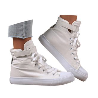 Generic Womens High Top Canvas Sneakers Fashion Lace up Casual Walking Shoes Platform Slip On Sneakers for Women Flat Ankle Boots Round Toe Lightweight Non Sl