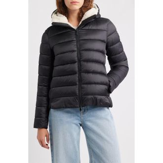 Save The Duck Gretel Faux Shearling Lining Hooded Puffer Jacket in Black at Nordstrom Rack, Size 00(Xxs)