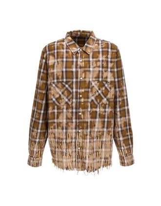 Amiri Mens Amiri Bleached Long Sleeve Brown Flannel Shirt - Size: 42/Regular