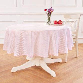 Solino Home Linen Round Tablecloth - Narrow Stripe in Peach And White at Nordstrom, Size Medium