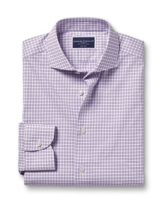 CHARLES TYRWHITT Non-Iron Performance Twill Grid Checkered Cotton Formal Shirt - Mauve Purple Single Cuff Size Medium by Charles Tyrwhitt