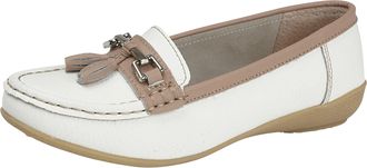 Jo & Joe Ladies Nautical Wide FIT Leather Smart Loafer Tassel Moccasin Flat Slip On Comfort Shoe Size 3-8 (White/Mocha, UK Footwear Size System, Adult, Women, 