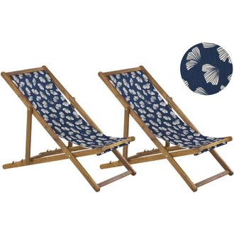 Beliani Set of 2 Folding Deck Chairs ANZIO with Replacement Fabrics Floral Motif Acacia Wood Light Brown