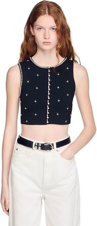 Sandro Jewelled embroidered knit crop top in Black at Nordstrom, Size X-Large