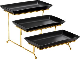 OEM Bandeja De Servir, Material Cer&aacute;mico, Soporte Plegable Resistente, Color Negro Y Dorado, 35,5 Cm (14 Pulgadas)