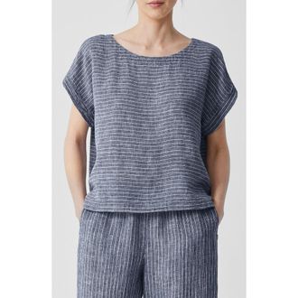 Eileen Fisher Stripe Ballet Neck Organic Linen Top in Ocean at Nordstrom Rack, Size X-Large