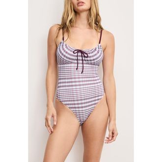 Good American Plaid Drawstring Cutout One-Piece Swimsuit in Fig Plaid at Nordstrom Rack, Size X-Small