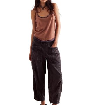 Generic Womens Barrel Wide Leg Denim Pants - Elastic Waist Boyfriend Loose Fit Harem Jeans with Drawstring