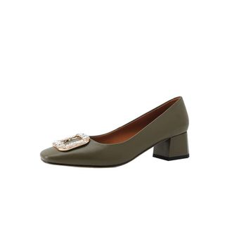 TinaCus Square Toe Handmade Rhinestone Buckle Genuine Leather Womens Block Low Heels Trendy Pumps Shoes, Dark Green, 7 UK