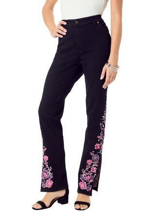 Roaman's Plus Size Invisible Stretch Embroidered Split Flare-Leg Jean in Black Vine at Nordstrom, Size 32