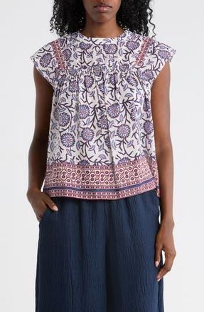 Elie Tahari Floral Smocked Cotton Top in Navy/Maroon Floral Print at Nordstrom Rack, Size X-Small