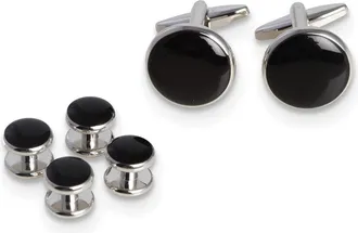 Diamond2Deal Rhodium-plated Black Enameled Cuff Link and Tuxedo Studs Set