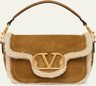 Valentino Garavani VLogo Shearling & Suede Top-Handle Bag