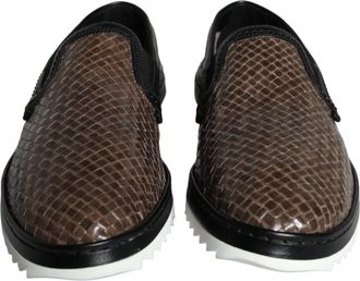 Dolce & Gabbana Brown Black Leather Weaved Men Loafers Mens Shoes
