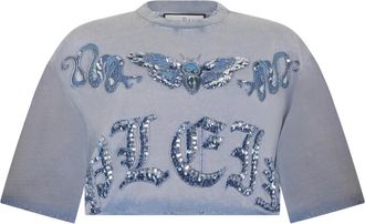 Philipp Plein Cropped T-Shirt Butterfly Tattoo - Dames - T-shirts - Blauw - S - Katoen - Tops