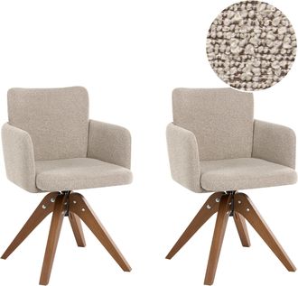 Beliani Conjunto De 2 Sillas De Comedor Base Giratoria Con Reposabrazos Tapizado De Boucl&eacute; Patas De Madera Beige Evelyn