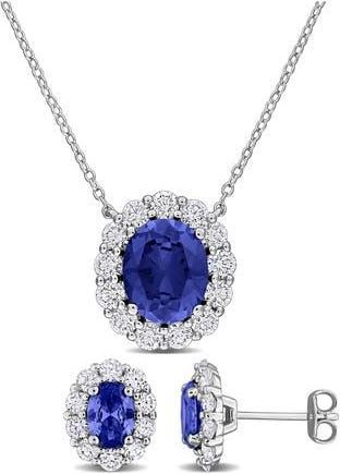 Delmar Halo Oval Cut Lab Created Blue Sapphire Stud Earrings & Pendant Necklace Set at Nordstrom Rack