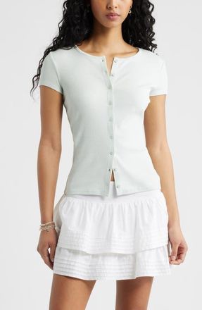 BP. Short Sleeve Rib Knit Cardigan in Green Cloud at Nordstrom, Size Xx-Small