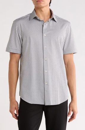 Bugatchi Plaid Stretch Cotton Short Sleeve Button-Up Shirt in Black at Nordstrom Rack, Size X-Large