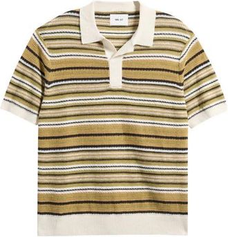 Nn.07 Noam 6689 Textured Stripe Linen Polo Sweater in Evergreen at Nordstrom, Size X-Large
