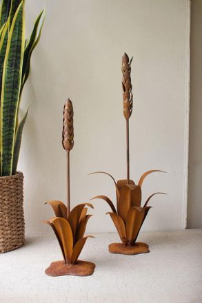 Kalalou Set Of Two Rustic Metal Aloe Plants With Flowers