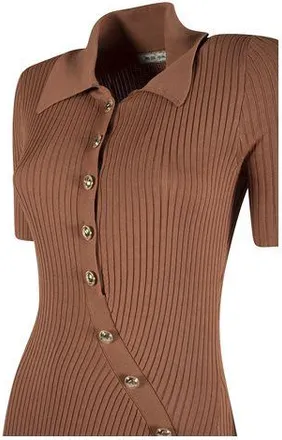 Yes-Zee Elegant Rib Knit Long Dress with Classic Womens Collar