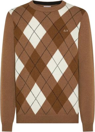 Sun 68 Sweater Argyle Warm L/S - Heren - Ronde hals truien - Bruin - S - Wol - Truien & Vesten