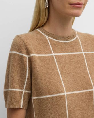 Lafayette 148 New York Cashmere Grid Intarsia Short-Sleeve Pullover In Camel Multi