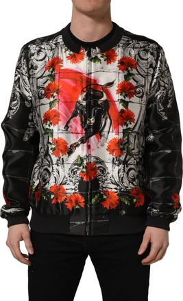 Dolce & Gabbana Mens Multicolor Majolica Bull Print Bomber Jacket Silk Clothing