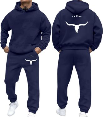 Generic 2 Piece Tracksuits for Men UK Fleece Ox Printed Hoodie and Soft Jodding Sweatpants Autumn and Winter Warmth Sweatsuits Comfy Hoody and Trousers Sets O