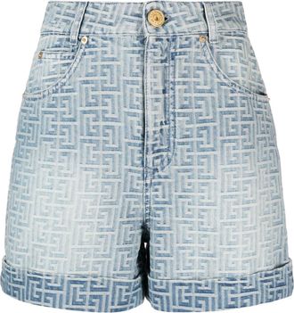 Balmain monogram-print cotton denim shorts - women - Polyester/Cotton/Cotton - 34 - Blue